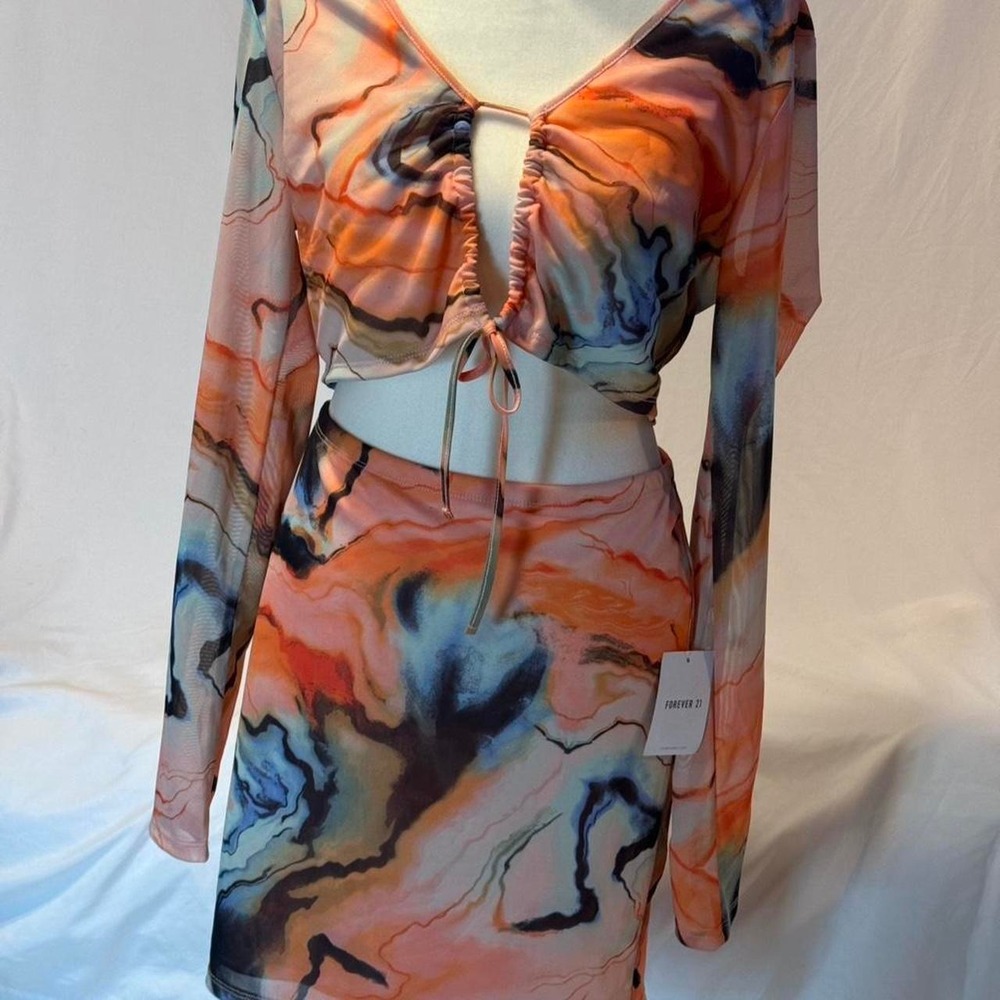 Forever 21 size XL Crop Top and Skirt Set Orange,Blue, and Black Marble Print